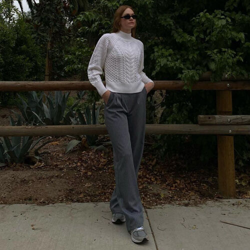 Merino wool cable knit pullover with ribbed stand collar